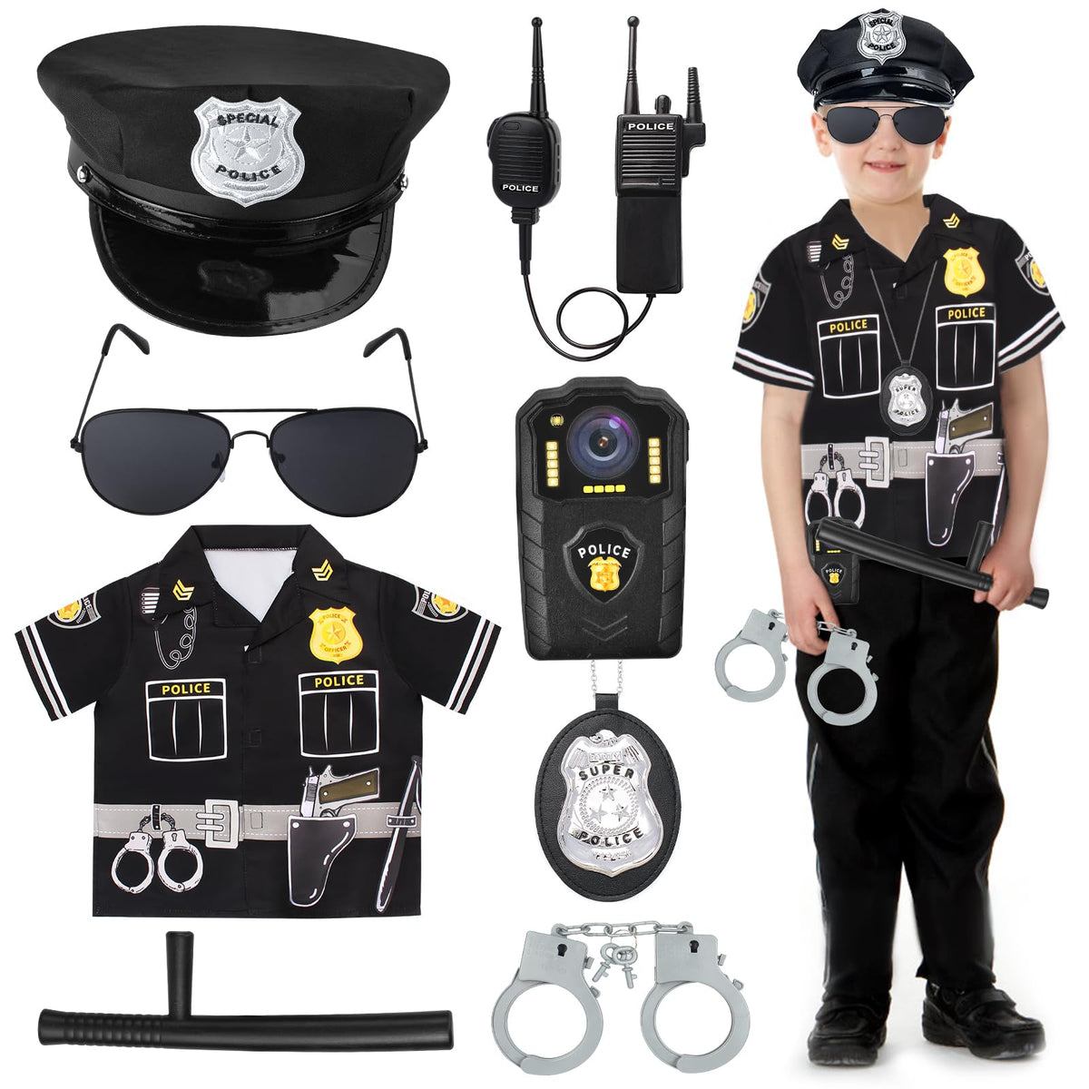 Kyson 8 Pcs Kids Police Officer Costume Kit Cop Gear Policeman Outfit Dress up Accessories Halloween Career Day Pretend Play (Set A)
