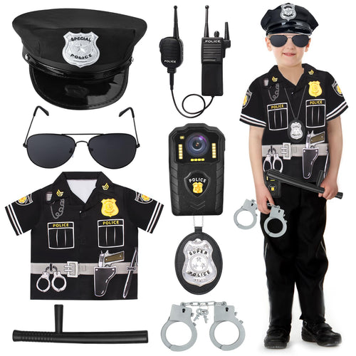 Kyson 8 Pcs Kids Police Officer Costume Kit Cop Gear Policeman Outfit Dress up Accessories Halloween Career Day Pretend Play (Set A)